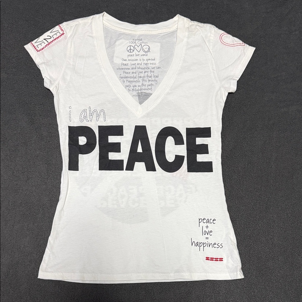 Peace Love World White V-Neck Tee with Bold PEACE Graphic